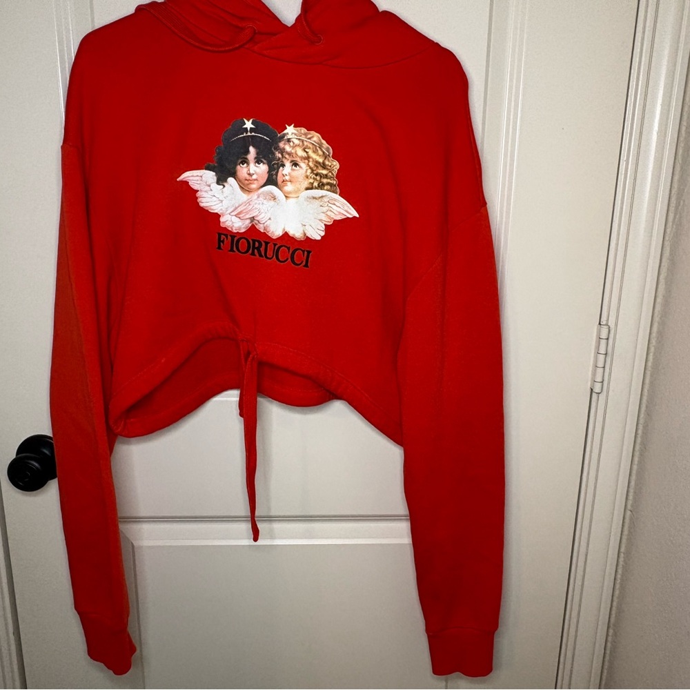 Fiorucci Red Cropped Hoodie with Angel Graphic